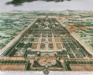 Ansicht des Gartens des Schlosses Herrenhausen, um 1708, Farbdruck, Deutschland von German School