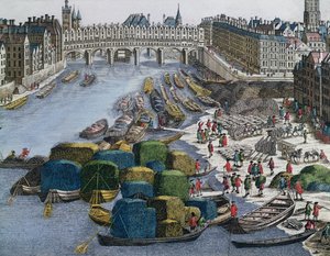 Ansicht des Weizenhafens und der Pont au Change flussaufwärts