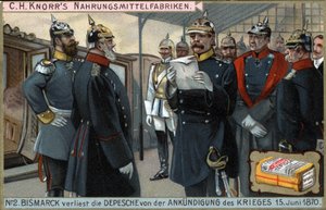 Krieg von 1870. Der preußische General Otto von Bismarck (1815-1898) liest die Kriegserklärung am 15. Juni von German School