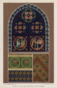 Fenster aus der Basilika von St. Denis und Wanddekoration aus der Sainte-Chapelle, Paris, Frankreich