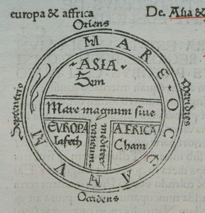 f.177v T-in-O Karte, mit Buchdruck-Ortsnamen, aus Isidor von Sevilla, Liber Etimologiarvm von German School
