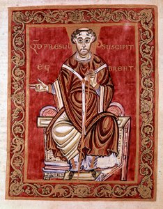 Der Bischof Egbert von Trier erhält den Psalter aus den Händen des Mönchs Rudprecht (hier nicht dargestellt) - Miniatur aus dem Codex Egberti von der Reichenauer Schule, 980 - Cividale del Friuli, Archäologisches Museum oder Kathedrale von Cividale.