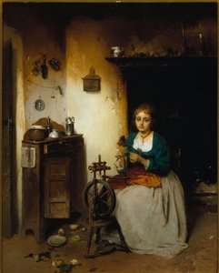 Junge Frau spinnt Wolle, ihr Ausdruck ist traurig und ihr Inneres elend. Gemälde von Gerolamo (Girolamo) Induno (1825-1890) von Gerolamo Induno