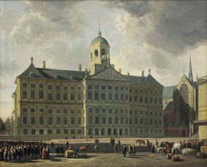 Ein Blick auf den Dam mit dem neuen Rathaus, der Nieuwe Kerk und der Waag, Amsterdam