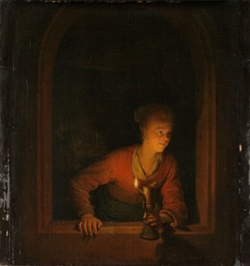 Mädchen mit einer Öllampe am Fenster von Gerrit or Gerard Dou