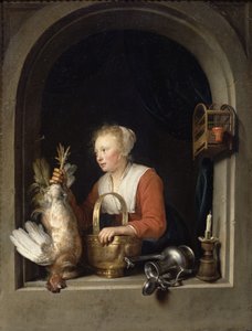 Die niederländische Hausfrau oder Die Frau, die einen Hahn ins Fenster hängt, 1650