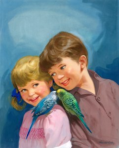 Junge und Mädchen mit Wellensittichen