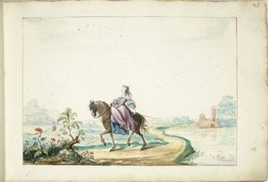 Frau zu Pferd in einer Landschaft von Gesina ter Borch (signed by artist)