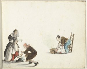 Herr bindet einer Dame den Schuh und eine Frau macht Feuer in einem Ofen von Gesina ter Borch