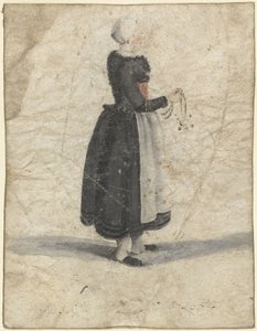 Nordholländische Frau stehend mit einem Ornament oder Tasche in der Hand von Gesina ter Borch