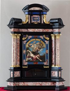 Uhr mit Darstellung des hl. Hieronymus, der die Trompete des Jüngsten Gerichts hört. Struktur und Mechanismus von Giuseppe Campani - 17. Jahrhundert. Dim 128x100x44 cm Genua Musei di Strada Nuova