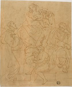 Heilige Familie mit dem heiligen Franziskus von Assisi und dem kleinen Johannes dem Täufer von Giacomo Cavedone
