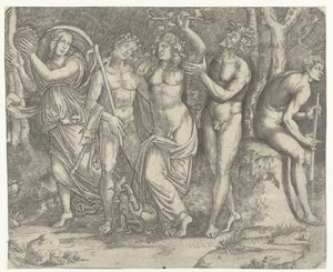 Bacchus und Bacchantinnen und Mänade mit Tamburin