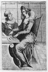 Eine Kurtisane in eleganter Kleidung spielt Klavier. Gravur von Giacomo Franco aus „Venedig, Gebräuche und Sitten“, um 1597