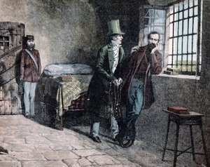 Der italienische Patriot Giuseppe Mazzini (1805-1872) trifft im Jahr 1830 im Gefängnis von Savona seinen Vater, der ihn drängt, die sardischen Staaten zu verlassen. Gravur von Giacomo Mantegazza (1853-1920) 1884