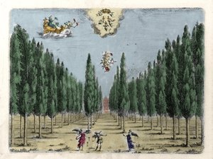 Illustration für die Oper in 5 Akten „La finta pazza“ (Die vorgetäuschte Verrückte) von Francesco Sacrati. Gravur von Jacopo Torelli