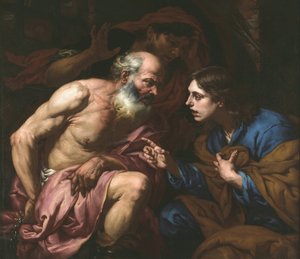 Joseph interpretiert den Traum des Bäckers und des Mundschenks, von Giovan Battista Langetti (1635-1676). Öl auf Leinwand, zwischen 1660 und 1670. Dimension: 109x126 cm. Muzeul National Brukenthal, Sibiu