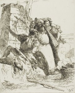 Ein Magier, ein Soldat und drei Figuren, die einen brennenden Schädel beobachten, aus Scherzi von Giambattista Tiepolo