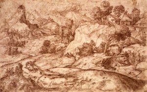 Gebirgige Landschaft mit einer liegenden weiblichen Figur