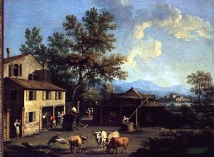 Ein Bauernhof mit Bauern und Tieren