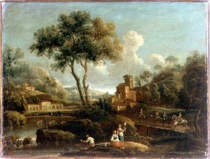 Bewaldete Flusslandschaft mit Reisenden