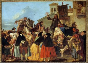 Ein Zahnarzt zieht einen Zahn und schwenkt ihn wie eine Trophäe auf dem Karneval in Venedig. Gemälde von Giovanni Domenico Tiepolo von Giovanni Domenico Tiepolo