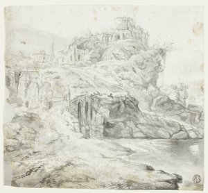 Felsvorsprung mit Ruinen und Kaskaden (recto); Skizze einer Klippe mit Gebäuden (verso) von Giles Edme Petit