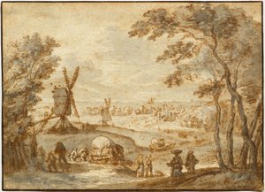 Landschaft mit Windmühlen vor einer Stadt, mit Spaziergängern und bedecktem Wagen im Vordergrund