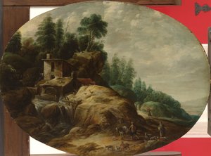 Wassermühle bei einem bewaldeten Felsvorsprung