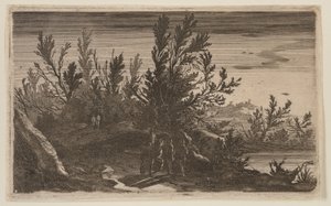 Reiter auf einem bewaldeten Pfad links vom Teich, aus Sechs Landschaften von Gillis van Scheyndel