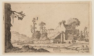 Ruinen in einen Bauernhof am Fluss verwandelt, aus Zwölf Landschaften von Gillis van Scheyndel