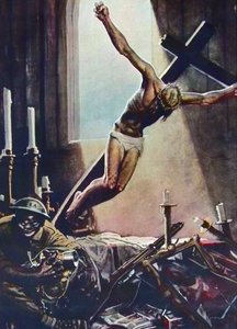 Anti-Amerikanisches WWII-Poster - Schwarzer Amerikaner plündert Kirche - Poster von Gino Boccasile (1901-1952) - Italienische Propaganda Anti-USA 1943 - Poster von Gino Boccasile (1901-1952)