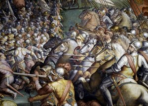 Schlacht von Scannagallo in Valdichiana (Val di Chiana). Detail. Fresko von Giorgio Vasari und seinem Atelier (1511-1574). Palazzo Vecchio (Salone dei Cinquecento) von Giorgio (and workshop) Vasari