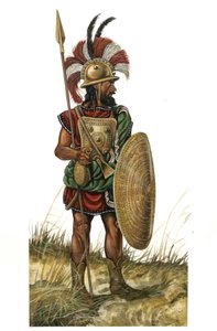 Antikes Rom: Darstellung eines Kriegers mit Waffe, Helm, Schild, Speer (monarchische Periode des 8. Jahrhunderts v. Chr.) von Giorgio Albertini