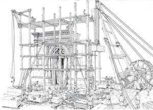 Antikes Rom: Rekonstruktion einer Baustelle eines Bogens im 1. Jahrhundert n. Chr. Die Arbeiter heben die Marmorblöcke mit Gerüsten und Flaschenzügen. Illustration von Giorgio Albertini von Giorgio Albertini