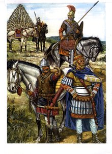 Barbar: ein Hunnenkrieger, ein Gotischer Krieger und ein Römischer Soldat