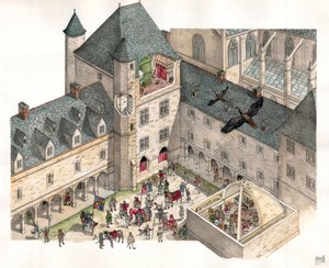 Mittelalter: Luftaufnahme des Palais des Herzöge von Burgund in Dijon im 15. Jahrhundert. Die Küchen des Palastes sind sichtbar, im Hof die Ritter mit ihren Pferden. von Giorgio Albertini