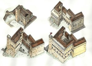 Mittelalter: Luftansicht der verschiedenen Bauphasen des Vatikanischen Palastes (Vaticano) zwischen dem 12. und 15. Jahrhundert. Rom, Italien. von Giorgio Albertini
