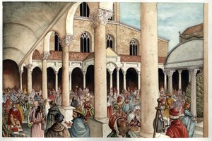 Mittelalter: Gläubige, Pilger, Händler und Römer dargestellt im 13. Jahrhundert im Peristyl (Eingang) der antiken Basilika St. Peter in Rom (St. Peter oder Basilika San Pietro oder Basilika Konstantins) aus dem Römischen Reich, Rom von Giorgio Albertini