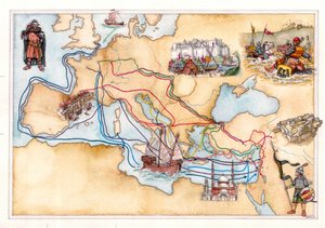 Mittelalter: Karte von Europa und dem Nahen Osten mit den Land- und Seewegen der Kreuzzüge