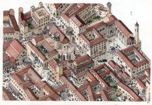 Mittelalter: Rekonstruktion des historischen Barri Gotic Viertels in Barcelona im 14. Jahrhundert. Die Kathedrale Sainte-Eulalie ist sichtbar. Spanien Illustration von Giorgio Albertini