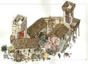 Mittelalter: Rekonstruktion einer Burg in den zentralen Regionen Italiens im 13. Jahrhundert. Die Schnitte zeigen die Aktivitäten in der Burg, die Soldaten zur Verteidigung in den Türmen. Illustration von Giorgio Albertini.