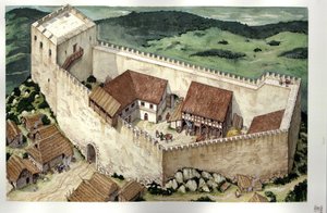 Mittelalter: Rekonstruktion der Katharerburg Montségur, abgeschlossen im 13. Jahrhundert, Ariège, Frankreich. von Giorgio Albertini