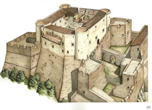 Mittelalter: Rekonstruktion der Burg Santa Severina, erbaut im 11. Jahrhundert, in Catanzaro, Kalabrien. Illustration von Giorgio Albertini. von Giorgio Albertini