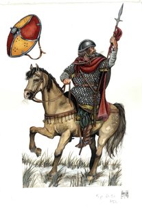 Mittelalter: Soldat der karolingischen schweren Kavallerie. 8. Jahrhundert von Giorgio Albertini