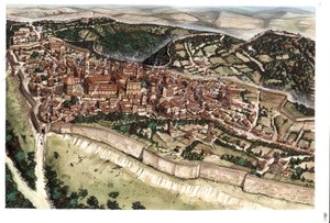 Mittelalter: Ansicht der mittelalterlichen Stadt Volterra, umgeben von Stadtmauern, im 14. Jahrhundert. Toskana, Italien. Illustration von Giorgio Albertini. von Giorgio Albertini