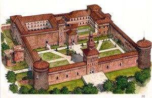 Überblick über das Schloss der Sforza-Festung, erbaut von Herzog Francesco Sforza im 15. Jahrhundert in Mailand, Italien von Giorgio Albertini