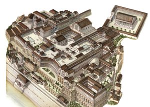 Römische Antike: Rekonstruktion des Palatin-Hügels im 4. Jahrhundert, auf dem aufeinanderfolgende Kaiser (Augustus, Nero, Septimius Severus) ihre jeweiligen Paläste bauten. Rom, Italien von Giorgio Albertini