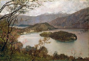 Ansicht der Insel Comacina, Comer See, von Giorgio Belloni (1861-1944), Öl auf Leinwand, 69,5x100 cm von Giorgio Belloni