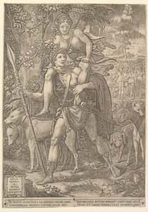 Allegorie der Jagd, ein Jäger mit einem großen Speer trägt eine Frau Diana auf seiner Schulter..., 1556 von Giorgio Ghisi